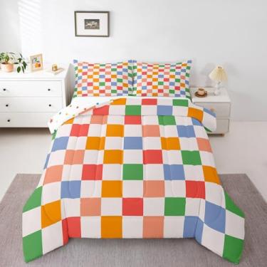 Imagem de Feelyou Jogo de cama retrô quadriculado para adolescentes e homens, arco-íris, colorido, xadrez, tamanho solteiro, geométrico, vintage, moderno, simples, estético, decoração de quarto