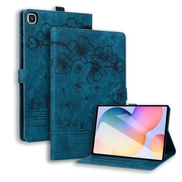 Imagem de Rosbtib Capa para Samsung Galaxy Tab S6 Lite 10,4 polegadas 2024 SM-P620/P613/P610, capa de poliuretano à prova de choque com bolso para cartão para Galaxy Tab S6 Lite - Cherry Blossoms Embrace Blue