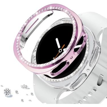 Imagem de DEALELE [Pacote com 2 capas compatíveis com Samsung Galaxy Watch 8 de 40 mm, capa protetora de PC de diamante de linha única brilhante para reposição (40 mm, rosa + transparente)