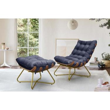 Imagem de Poltrona Costela Decorativa e Puff Madeira Eva Dourado Azul - METAL MO
