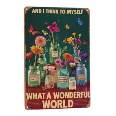 Imagem de and I Think to Myself What A Wonderful World (1) Placas de lata retrô inspiradoras citações de arte decorativa de parede rústica presentes exclusivos 20 x 30 cm