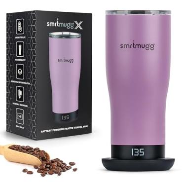 Imagem de SmrtMugg X Caneca de café aquecida de 540 ml, vida útil da bateria de 8 horas, autoaquecimento, controle de temperatura ajustável, tela LCD, inclui capa com controle deslizante magnético (preto