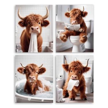 Imagem de Frimeeme Linda arte de parede emoldurada para banheiro de vaca Highland, impressões em tela rústica de animais engraçados para decoração de banheiro 20 x 25 cm (sem moldura