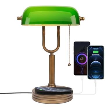 Imagem de JCPYIUL Abajur de vidro verde, lâmpada de mesa retrô com porta de carregamento sem fio USB, luminária de mesa clássica com interruptor de corrente, para mesa de cabeceira de escritório em casa