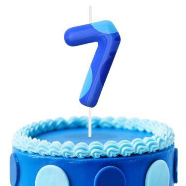 Imagem de Velas azuis de aniversário número 7, topo de bolo com tema de desenho animado para decoração de bolo para meninos e meninas, decorações de aniversário, suprimentos de festa, velas com números para