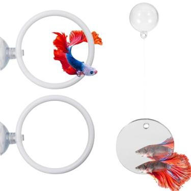 Imagem de Acessórios para aquários de peixes beta, 1 espelho de peixe com bola flutuante e 2 anéis de treinamento de exercícios, anel de alimentação de peixe, conjunto de brinquedos de peixe Betta para aquário