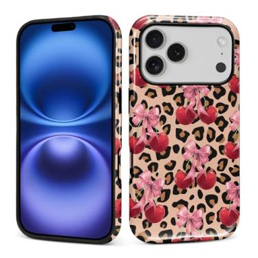 Imagem de Kapadiy Capa para iPhone 17 Pro, estampa de leopardo com design de laço cereja híbrida dupla proteção de silicone rígido PC à prova de choque, capa protetora fina antiarranhões para homens e mulheres