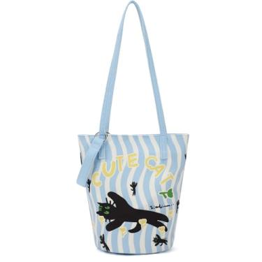 Imagem de Bolsa de ombro feminina, bolsa de lona de algodão bolsa tiracolo fofa bolsa tiracolo bolsas femininas de designer, Gato azul-claro