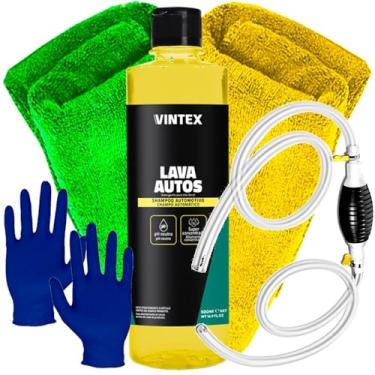 Imagem de Kit Limpeza Automotiva Shampoo Lava Autos Vintex Bomba Sucção Combustível Luva Nitrílica Toalha Microfibra Karbox