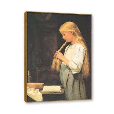 Imagem de Moldura externa de teca. Famosas pinturas a óleo, (menina com tranças) por Albrecht Anker, reprodução impressa em tela, arte de cenário para decoração de sala de estar. 50 x 70 cm - 19,6 x 27,5 pol