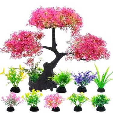 Imagem de SLOCME Conjunto de decoração de aquário de árvore de cerejeira rosa – 10 peças de plantas de plástico artificial para aquários de peixes, acessórios para esconder betta e peixes dourados, decorações