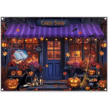 Imagem de Pano de fundo ZTHMOE 213x152cm Decoração de loja de doces de Halloween