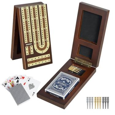 Imagem de BIVOMON Foldable Wooden Cribbage Board Game Set, Travel Cribbage Board with Storage, Continuous 3 Track Board with Magnetic Closure, 9 Metal Pegs, Full Deck of Cards, Great for Family, Party Nights
