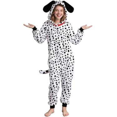 Imagem de Soyoekbt Macacão unissex adulto para mulheres, pijama dálmata com chapéu para cosplay de animais de Halloween, Branco, X-Large