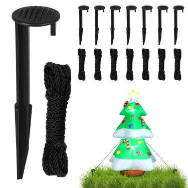 Imagem de Kit de 8 peças de estacas e cordas resistentes para infláveis, estacas de ancoragem padrão de 14 cm, cordas de nylon duráveis de 14 m, substituição para decoração ao ar livre no chão, jardim, gramado