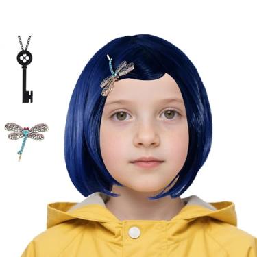 Imagem de abouder Kids Coraline Wig Dragonfly Hairpin Blue Short Bob Wigs Halloween Coraline Merchandise Accessories
