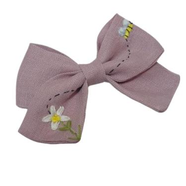 Imagem de Laço em linho puro bordado a mão. Abelhinha e flores (Rosa envelhecido)