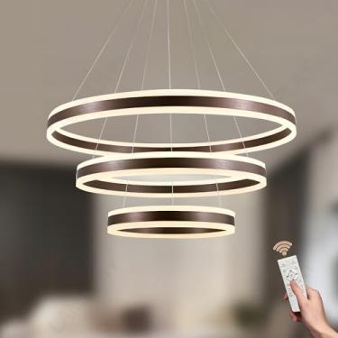 Imagem de Lustre redondo de LED com luz pendente regulável, 3 níveis, anel marrom, luminária de teto com controle remoto, altura ajustável 3000K 6000K, perfeito para hall de entrada, sala de estar, co
