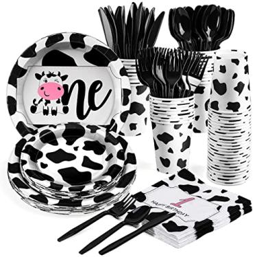 Imagem de 168 Pcs Farm Animal Cow Print Birthday Party Supplies Tableware Set 1st Birthday Baby Shower Party Plates, Knife,Forks,Spoons, Cups and Napkins Table Decorations for Girls, 24 Guests