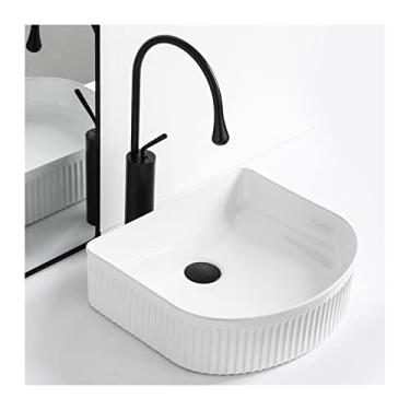 Imagem de Pias de banheiro 40.6 cm x 35.6 cm Pia de banheiro, pia de vaso de cerâmica acima do balcão com torneira, pia de vaso de pia branca (cor: conjunto de torneira preta)