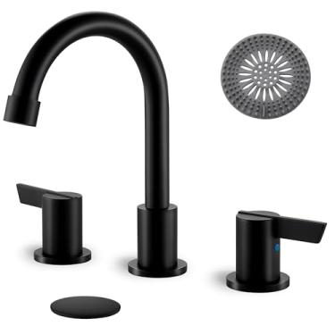 Imagem de Cinwiny Torneira de pia de banheiro 3 furos, torneira de pia de banheiro ampla de 20 cm com 2 alças, ralo pop-up e coletor de cabelo incluídos para pia de fazenda Vanity RV, preto fosco