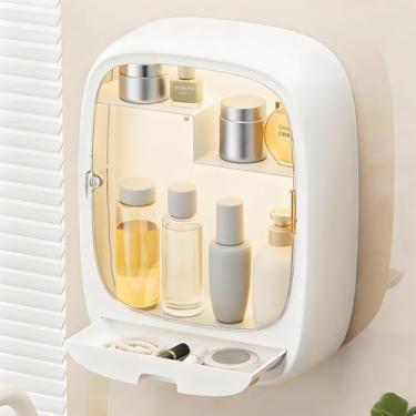 Imagem de Acshio Organizador de maquiagem para penteadeira, suporte de armazenamento de cosméticos transparente montado na parede com gaveta, acessórios de cabelo multifuncionais, caixa de armazenamento de