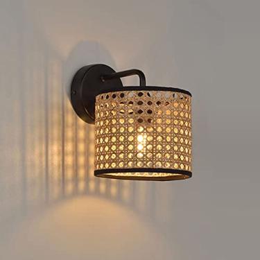 Imagem de Luminária de parede de vime preta, luminária de parede em tecido, luminária de estilo japonês, arandela vintage estilo boho para sala de estar, restaurante de sushi, casa de fazenda
