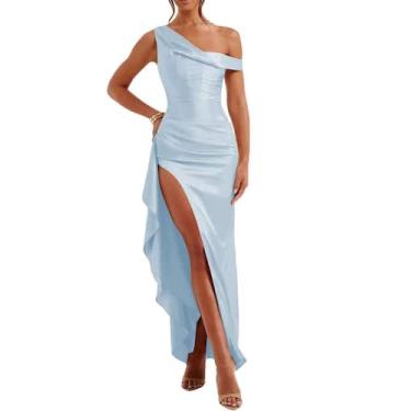 Imagem de Vestido de noite Alphirkut Satin Off Shoulder para mulheres azul celes