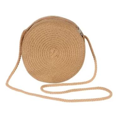 Imagem de Bolsa Feminina Pequena Palha Sintética Trama de Celulose Redonda Alça Corda(Palha Escura)