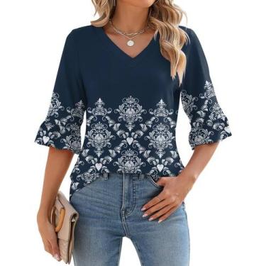 Imagem de Blusa feminina LOMON, manga 3/4, decote em V, babados, túnica A2 flora