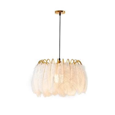 Imagem de YQSLQZZ Luminária pendente redonda de 19,7 polegadas, luzes de teto para quarto de penas brancas modernas, lustre dourado de iluminação decorativa para sala de estar, altura ajustável