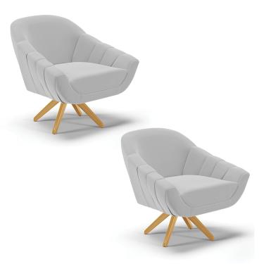 Imagem de Kit 02 Poltronas Giratória Giovana Suede Cinza Base Madeira MA30 - D'Rossi