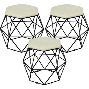 Imagem de Kit 03 Puffs Decorativo Aramado Preto Six L02 Suede Bege - Lyam Decor