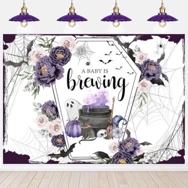 Imagem de InMemory Pano de fundo de chá de bebê de Halloween A Baby is Brewing Mom to Be tema decoração de festa banner preto roxo floral aranha menino ou menina Spooky Boo fundo da foto 1,8 x 1,2 m