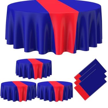 Imagem de Remagr Toalha de mesa redonda de plástico com 3 peças, toalha de mesa descartável de 203 cm, capa de mesa de festa para decoração de Natal, casamento, aniversário, aposentadoria (azul, vermelha)
