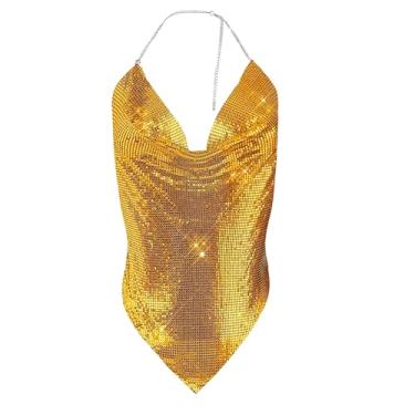 Imagem de Camisa feminina sexy com decote em V profundo, costas nuas, lantejoulas, strass, gola alta, corrente de metal, para festa de boate, Dourado, tamanho �nico