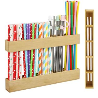 Imagem de Kasiden Suporte de canudo de bambu para porta de armário, organizador de canudos de duas partes ajustável com tiras adesivas ultra adesivas, armazenamento reutilizável de copo para cozinha