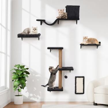 Imagem de Prateleiras de parede para gatos, conjunto de móveis 5 em 1 estáveis e seguros, parede de escalada de madeira com poste para arranhar para drywall de 40 cm - cinza escuro