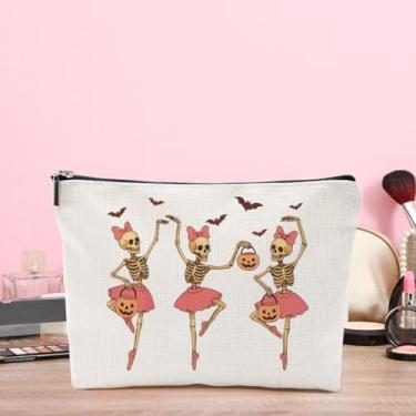 Imagem de Bolsa de maquiagem rosa de esqueleto de dança de Halloween, presentes divertidos de Halloween para dançarinos, amigas, meninas, mulheres, bolsas de cosméticos