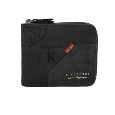 Imagem de Carteira masculina macia de poliuretano para uso diário, 2 bolsos com zíper, 1 compartimento para dinheiro, 4 compartimentos para cartões, 2 porta-documentos para uso diário, trabalho, viagens, Preto