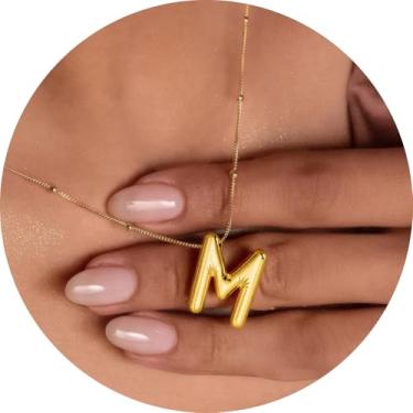 Imagem de Colar feminino com inicial de aço inoxidável banhado a ouro 18K, pingente de letra bolha de A a Z, joia personalizada do alfabeto fofo de A a Z, 18+2in, Aço inoxidável, Sem Pedra Preciosa