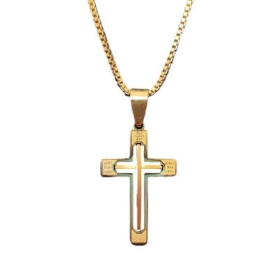Imagem de Colar Dourado Feminino Crucifixo Pai Nosso Fino Inox Cruz C4