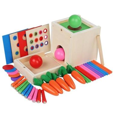 Imagem de Brinquedo Educativo Montessori 6 em 1, Kit de Madeira com Caixa de Moedas, Cenouras, Classificador de Formas, Bolas Coloridas, 29 Peças, para Crianças Acima de 3 Anos