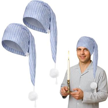 Imagem de Eurzom 2 peças de boné de dormir masculino ajustável listrado com bola pompom para festa de fantasia diária de Natal, Azul claro e branco, 23.6 inches (L) x 21.6-23.6 inches (W)