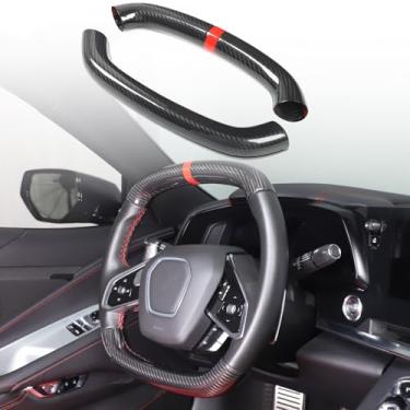 Imagem de Acabamento da capa do volante compatível com Chevrolet Corvette C8 2020-2023 100% fibra de carbono real, 4 peças, capa redonda para volante, acessórios de proteção interna (preto carbono-vermelho)