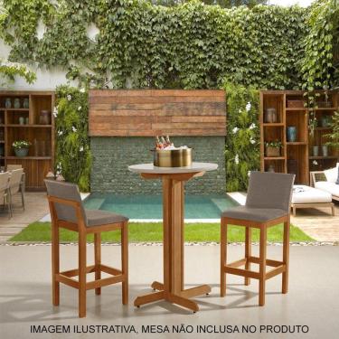 Imagem de Kit 2 Banquetas Alta Luxo Pérola Com Encosto Estofada Em Linho Bege Madeira Maciça Castanho