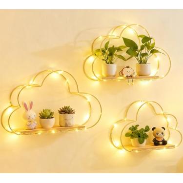 Imagem de Prateleiras flutuantes na nuvem para parede de metal dourado e madeira, conjunto de 3 com luzes de LED, pequenas prateleiras para pendurar na parede para quarto, banheiro, cozinha, sala de estar