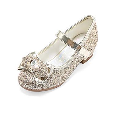 Imagem de Sapato feminino Mary Jane com glitter, salto baixo, princesa, flor, vestido de festa, sapato para crianças pequenas, T13-gold, 10 Toddler