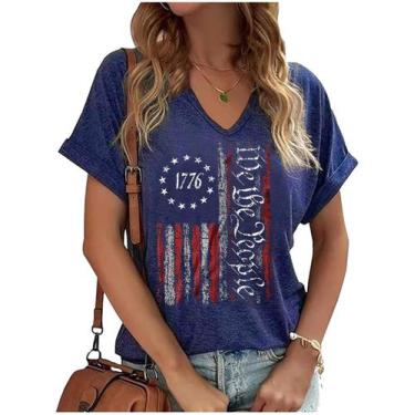 Imagem de Camiseta CHUNTIANRAN com decote em V com bandeira americana para mulhe
