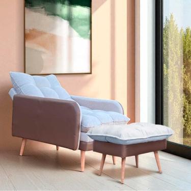 Imagem de Poltrona Reclinável Em 3 Posições Com Puff Em Linho Premium Bege/caramelo Bege/caramelo C/puff Roma